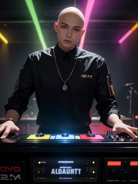 A BEAUTIFUL young man with a bald head. He stands behind the DJ console.adjusts it. There is a lot of multicolored light. lots of details,hyperdetalization,stylization,16k,poster