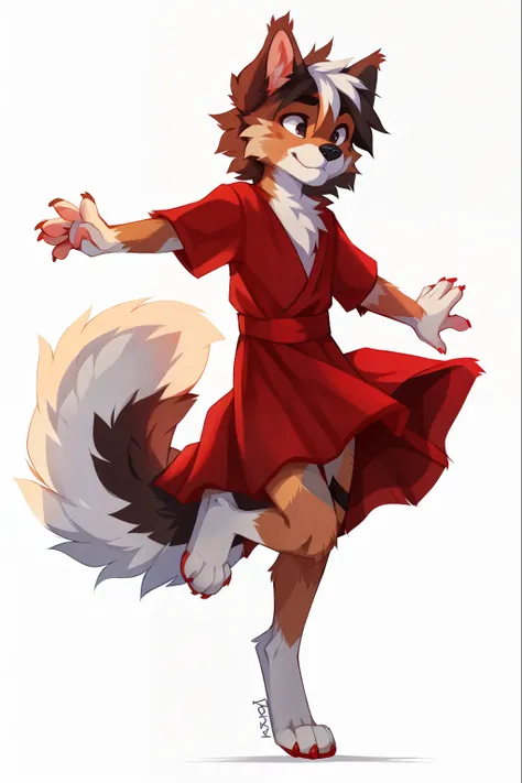 No background, white background, ((by keihound, by reysi)), by Zackary911, by hyattlen, by fumiko, by fluff-kevlar, Furry, Anthro, ((Australian Shepard)), detailed fur, ((boy)), ((small)), ((short)), dynamic pose, short white hair, ((fluffy tail)), ((red s...