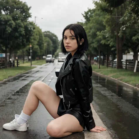 A beautiful girl is sitting in the middle of the road on a beautiful road, the girl has short black hair, she wears a black leather jacket, she wears a short blue skirt, she has white skin and she is a little sad, she wears white socks and white shoes, the...