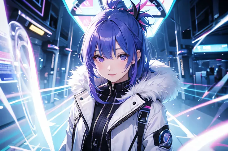 blue haired woman、yellow mesh cheek hair、clear eyes、Neptune、casino　dealer、lipstick、highest quality, intricate details, chromatic aberration, 1 girl, long hair, Purple Highlights, purple eyes、white fur short coat, neon shirt, torn legwear, open jacket, towa...