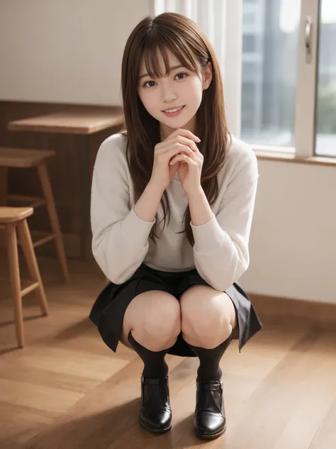 (happy expression:1.26)、Raw photo、(((Ultimate beauty full body photo)))、((glowing skin))、1 girl、25 year old beautiful girl from Prague、bright look、((brown haired))、girl wearing a sweatshirt、plaid pleated skirt、View from the floor、(long stockings or pantyho...