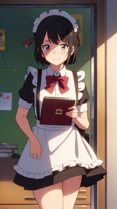 shinkai makoto, kimi no na wa., 1girl, bangs, black hair, short hair, blush, brown eyes, looking at the viewer, ((girl wear maid dress, short sleeves, short dress, short skirt, maid headdress)), red bow, red ribbon, smile, cute, school backpack, Have a dia...