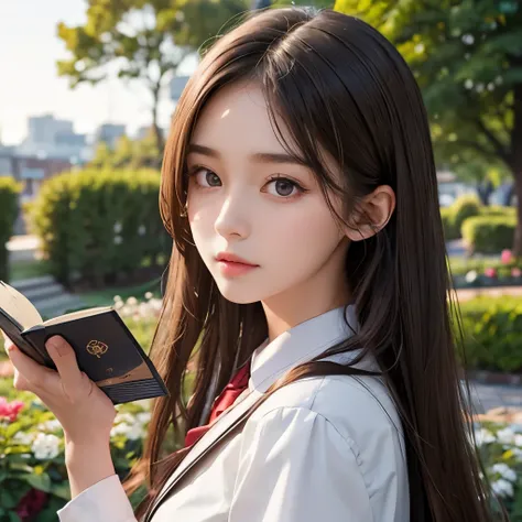 Girl, long soft brown hair, gray eyes, sharp features, white skin, formal school uniform, garden, book