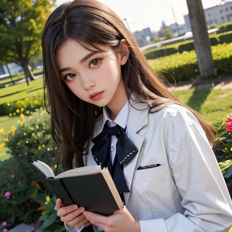 Girl, long soft brown hair, gray eyes, sharp features, white skin, formal school uniform, garden, book