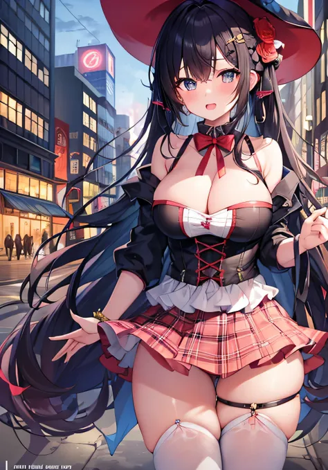 masterpiece、best image quality、ultra high resolution、teenage girl with big breasts、twin tail hairstyle、black hair、teenage girl witch hat、red face、shyly、mock、Open your mouth just a little、A teenage girl&#39;s witch costume that shows her cleavage、teenage gi...