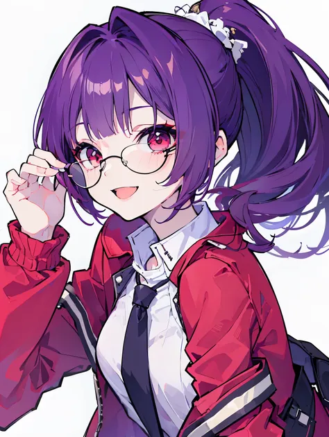 (highest quality、masterpiece:1.2) (((1 girl))) flat chest ((punk costumes)) short hair、red eyes、purple hair ((sunglasses)) (vulg...