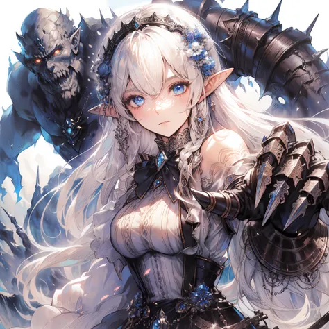 path an elf woman wearing a long-sleeved and intricate Gothic maid outfit with details of armor to protect her shoulders and chest, white hair, blue eyes, She wears a massive gauntlet with claw, fighting against giants ogre, by Artgerm, A warrior hailing f...