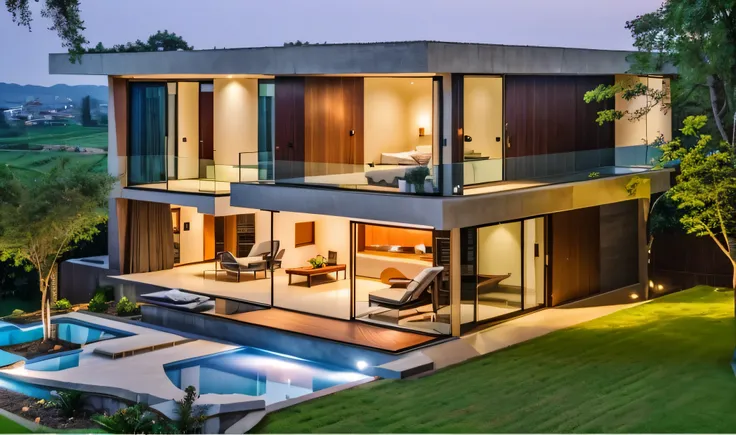 a modern house countryside Vietnamese with white siding and large windows, exterior architecture, modern villa with concrete material, twilight, beautiful landscape, rock around house, villa on the hill,  beautiful sky, best quality, 