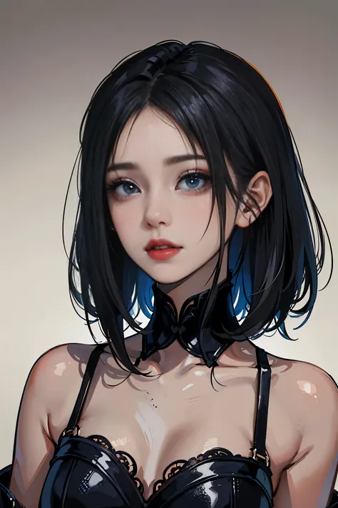 a 20 yo woman、Black blue hair、Bery short hair、(hi-top fade:1.3)、dark themed、Muted Tones、Subdued Color、highly contrast、(natural skin textures、Hyper-Realism、Soft light、sharp)