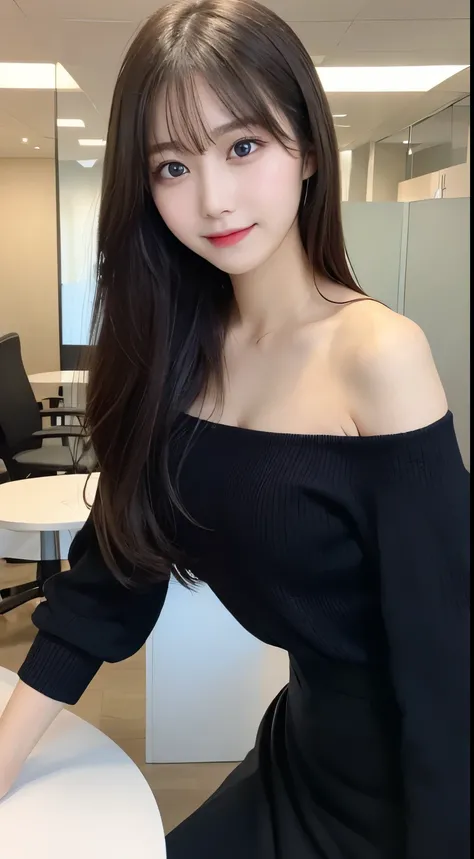 table top, highest quality, shape, Super detailed, finely, High resolution, 8k wallpaper, 完璧なダイナミックな構shape, beautiful and detailed eyes, off shoulder skirt、edium hair,small breasts natural color lip, bold sexy pose,smile,state-of-the-art office、20 year old...