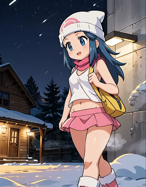 a girl walking inside an outdoor parking lot,  \(pokemon\), beanie, long hair, blue hair, blue eyes, black sleeveless shirt, pin...