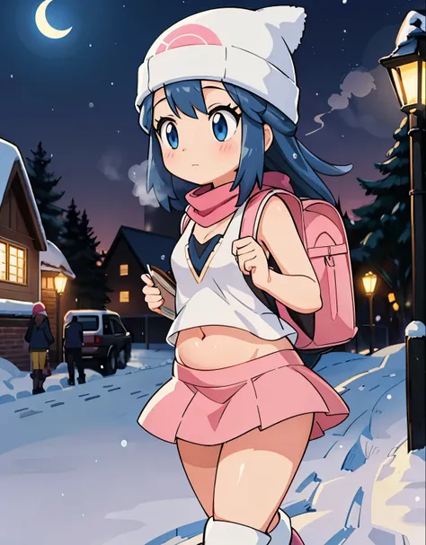 a girl walking to school,  \(pokemon\), beanie, long hair, blue hair, blue eyes, black sleeveless shirt, pink scarf, pink skirt,...