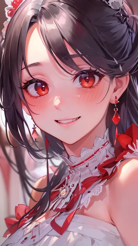 (perfect anatomy, masterpiece:1.2, best quality, 8k, beautiful detailed grow, daydreaming expression, immensely beautiful femdom girl, black hair long straight hair, detailed red eyes, beauty rosy mouth, love smile), break, in a queen red dress, love pause...