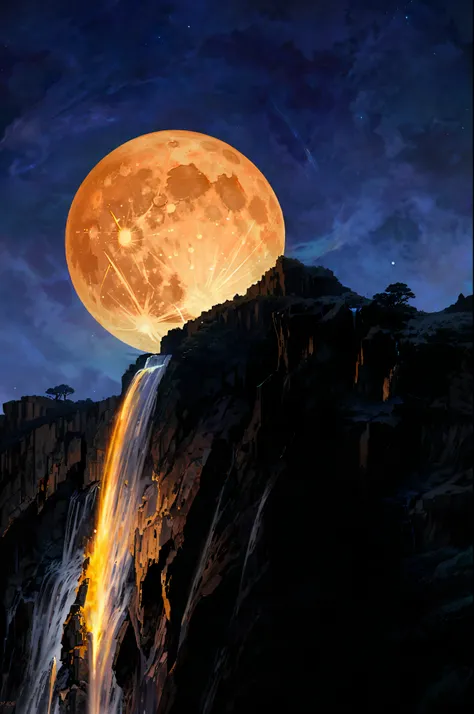 a close up of a full moon rising over a waterfall, the moon crashing into the earth, the moon crashes into the earth, moon hitting earth, nuclear blast moon eclipse, moon crash into earth, surreal tears from the moon, giant moon, wallpaper - 1 0 2 4, amazi...