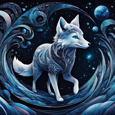 (best quality, highres, ultra sharp), magical artic fox , about the curvature of space time, walking over the area, art deco, zentangle, 3d crunch, cinematic