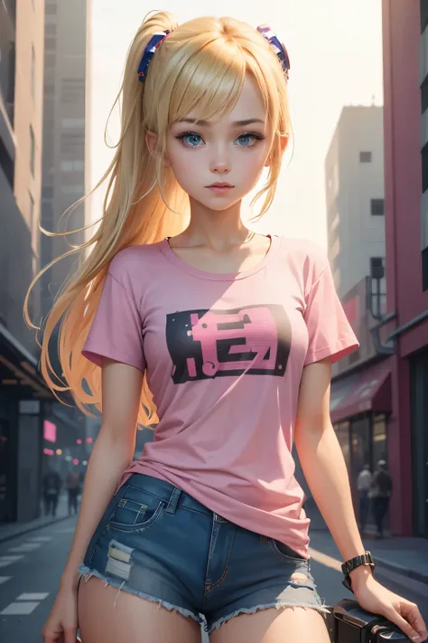 solo, 1girl, (masterpiece), ((16 year old appearance)), Blonde hair, Medium hair, blue eyes, anime girl, small breasts, pink t-shirt, cyberpunk city background