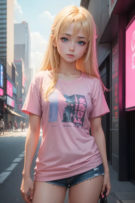 solo, 1girl, (masterpiece), ((16 year old appearance)), Blonde hair, Medium hair, blue eyes, anime girl, small breasts, pink t-shirt, cyberpunk city background