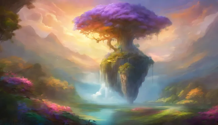 Generate an oil painting portraying a surreal floating island in the sky, adorned with cascading waterfalls and fantastical flora