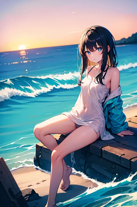 1 girl, slim body shape, 20th generation, psychologist, BREAK medium hair, Ringlet, parted bangs, black hair color, BREAK cute eyes, black eyes, brown iris, BREAK super precision face, BREAK casual style, sitting on the beach, feet in the sea, relaxed look...