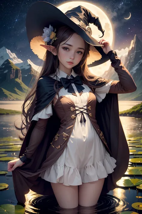 masterpiece, best quality,1girl, adjusting clothes, adjusting headwear, blush, bow, bowtie, breasts, brown eyes, brown hair, cloak, cloud, cloudy sky, crescent moon, dress, fantasy, flower, glowing, glowing flower, hat, light particles, lily pad, long hair...