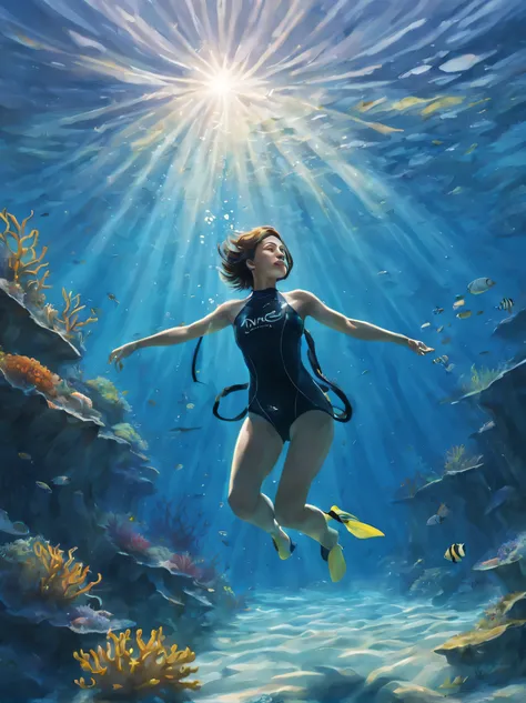 prompt: A woman with short hair wearing a snorkel, diving under the clear sea water. The sunlight reflects beautifully on the waters surface, creating a mesmerizing play of light and shadow. The womans movement is graceful as she explores the underwater wo...