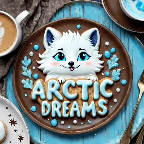 Big gothic words "Sweet Dreams!", cute cartoon style, masterpiece in maximum 16K resolution, close up of a big majestic cookie (shaped as an arctic fox). | (On an elegant rustic plate), a hot teacup. | Vivid blue eyeore_Details))