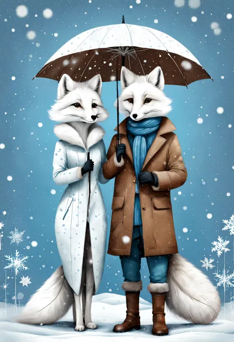 Charming full body cartoon of light blue and white arctic fox couple, snowflakes under umbrella, Ejon Klaassen (Jörn Klassen) re-created in style, toft itself, Modern sketch and dynamic line drawing with brown texture 