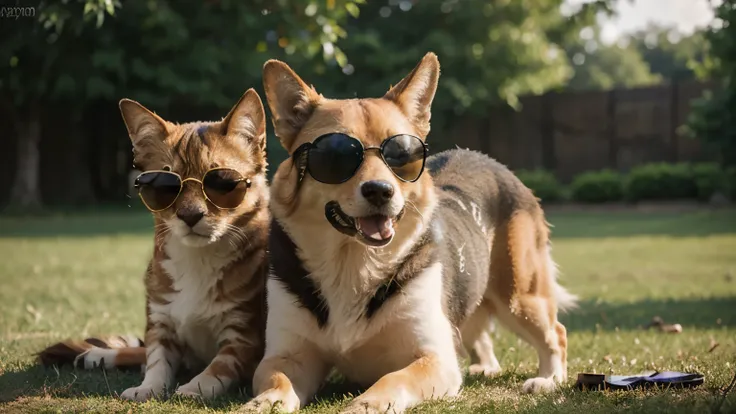 Create a group of animals wearing sunglasses. On a summer day, grass, joy, a, photo realistic, detailed, front view, photographed with a 5D cannon, in 1280x720 format.