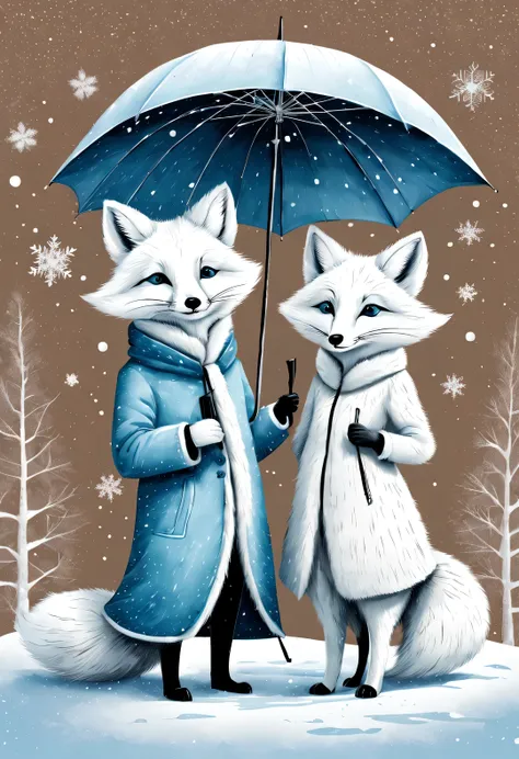 charming full body cartoon of light blue and white arctic fox couple, snowflakes under umbrella, ejon klaassen (jörn klassen) re...