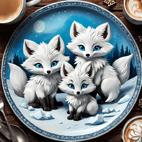 cute cartoon style, masterpiece in maximum 16k resolution, close up of majestic cookies (shaped as arctic foxes). | (on an elega...