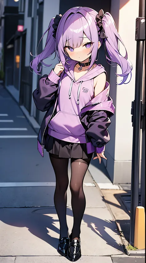 Beautiful boy dressed as a woman、purple hair、(short twin-tailed hair)、Scrunchies in the hair、hoodie、chiffon skirt、(black pantyhose)、loafers、flat chest、pat shoulders、erotic legs、very beautiful pupils、Tokimeki、nervous face、Full body illustration、walking on t...