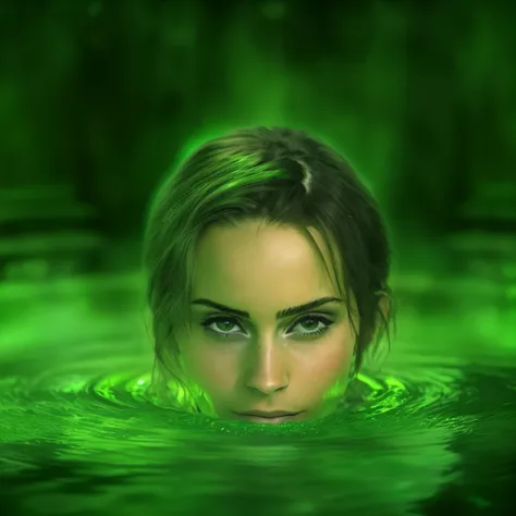 a woman in a green pool with a green light, green water, green waters, emma watson as she-hulk,, dark green water, closeup fantasy with water magic, face in water, green glow, water manipulation photoshop, green aura, 