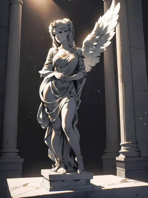 Marble statue of female angel, one-winged angel, monochrome stone statue, Spotlight, masterpiece, highest quality, Highest image quality