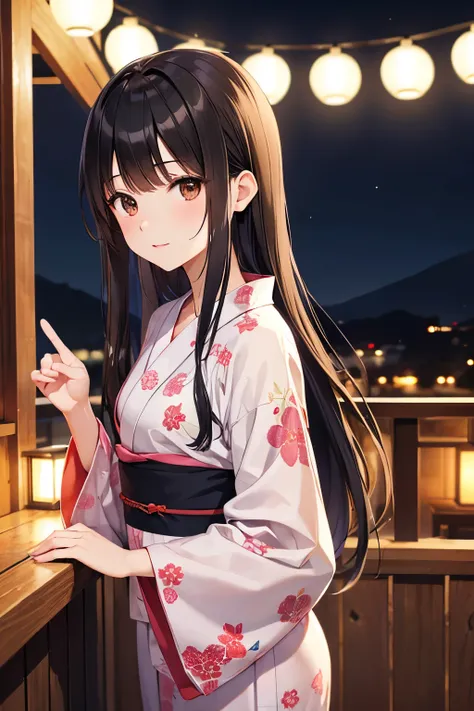 best quality, highres,Slender、small face、brown eyes、tall、black hair、long hair、hot spring、hostel、yukata、22 years old、Mature、night