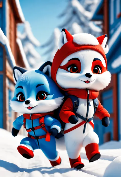 couple of little  arctic foxes dressed with backpacks are walking down tracks in the snow, Plush doll art style, snapshot aesthetics, #Friday visual effects, k-pop, automatism, brilliant, hidden object pictures ，Snow-white fur，Handsome blue and red ski sui...