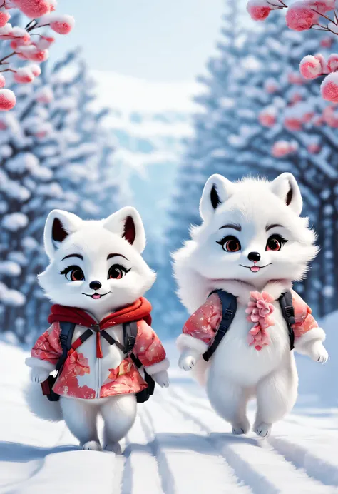 couple of little  arctic foxes dressed with backpacks are walking down tracks in the snow, Plush doll art style, snapshot aesthetics, #Friday visual effects, k-pop, automatism, brilliant, hidden object pictures ，Snow-white fur，Beautiful floral dress，track，...