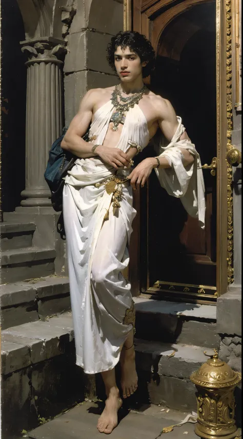 lawrence alma-tadema style, solo god male in ancient temple, muse male beautiful perfect muscular body, muscular pecs, broad sho...