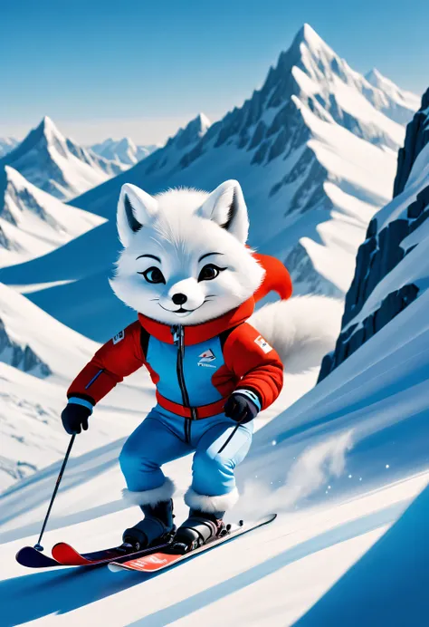 Several arctic foxes skiing in the mountains, Difficult ski moves, Plush doll art style, snapshot aesthetics, #Friday visual effects, Korean, automation, glory, hidden object pictures , Snow-white fur, Handsome red and blue ski suit, Lovely, Pixar,...