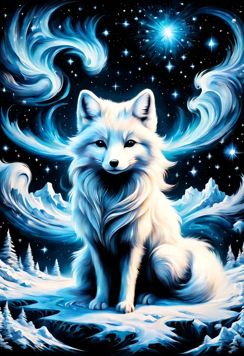 black and white minimal paint,Arctic landscape,arctic fox dance,be familiar with pattern,cute,Lovely,masterpiece,be familiar with,rendering,Oil paints,watercolor painting,general brushstrokes,stroke,masterpiece,最高masterpiece,beautiful starry sky