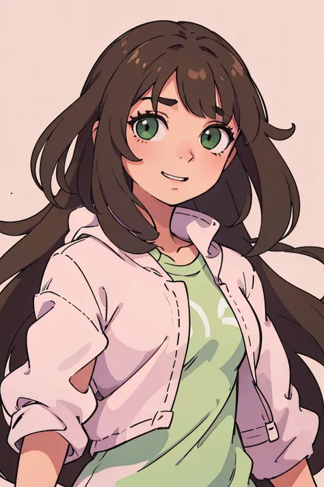 (best quality:0.8) perfect anime illustration, a young, happy looking, female with long brown hair and green eyes. white/pink clothes with green accents