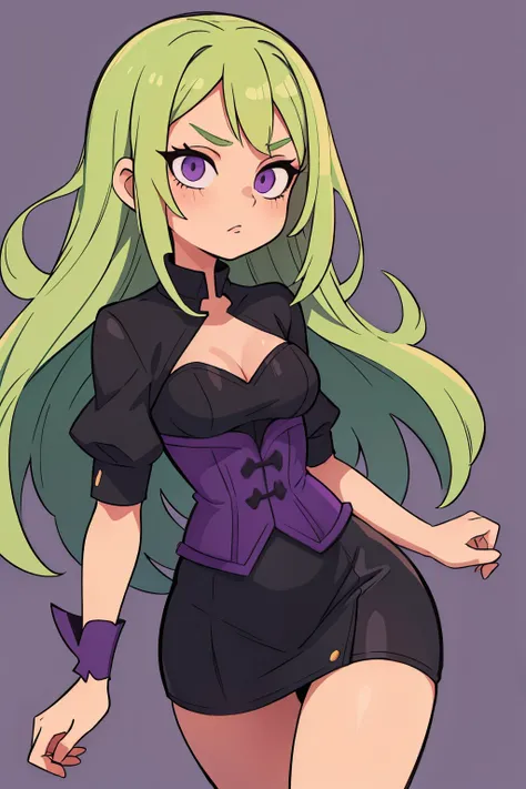 Young woman, long slightly wavy green hair, purple eyes,black bodycon short dress with short purple sleeves, black and purple corset.