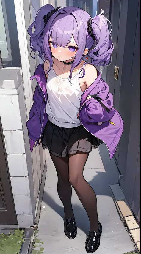 Beautiful boy dressed as a woman、purple hair、(short twin-tailed hair)、Scrunchies in the hair、hoodie、chiffon skirt、(black pantyhose)、loafers、flat chest、pat shoulders、erotic legs、very beautiful pupils、Tokimeki、nervous face、Full body illustration、walking on t...