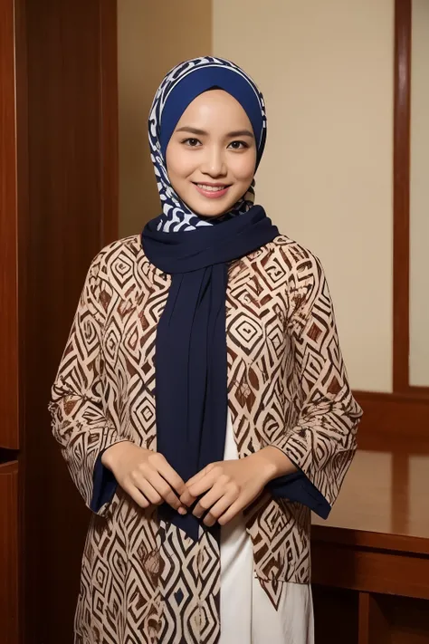 Wearing a hijab, she is a lecturer of university in Indonesia, opening her batik shirt to show her white bra, taking a picture with her male young student