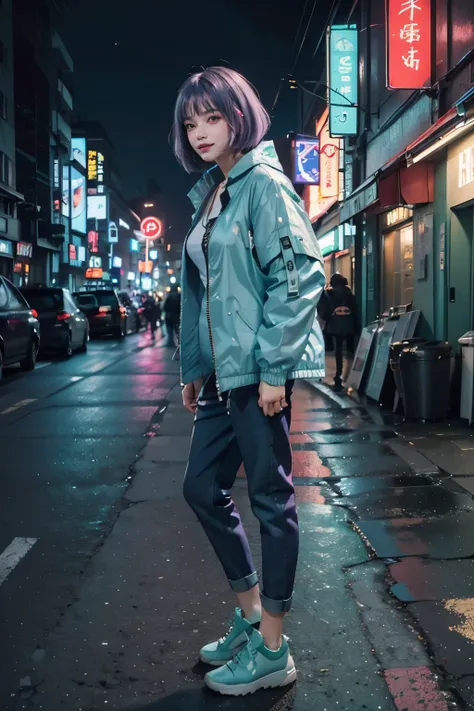 (1beautiful girl:1.1), (light purple hair:1.1),(bob cut hair:1.1), (blunt bangs), (squinting), (smile), (vivit mint blue down jacket:1.4), 18 year old,  (white t-shirts), (dungaree),mint blue sneaker, futuristic cyberpunk style, standing,  (full body:1.1),...