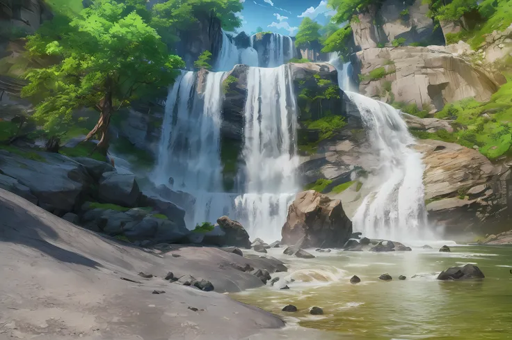 High detail, 8K, ultra HD, high quality, Anime studio, create a image relistict, best lighting , waterfall beautifull