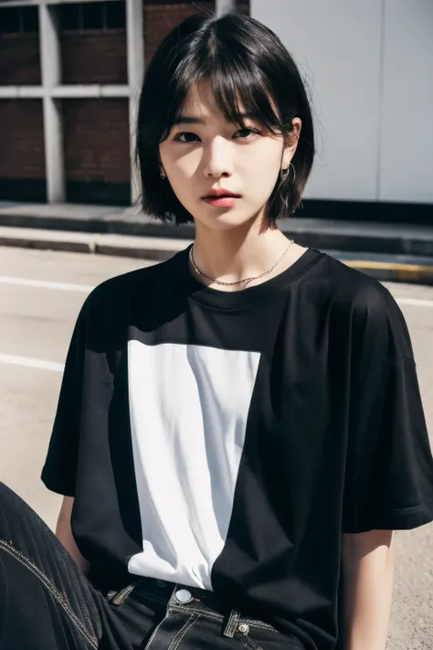 BEAUTIFUL FACE, REALISTIC FACE, DETAILED FACE, raw photo, high quality, realistic, 2YK photo, cowboy shot, eunha, short hair, 2YK STYLE, WEARING TSHIRT BLACK OVERSIZE, 4K, STREETWEAR STYLE, MODEL PHOTOSHOOT, LONGPANT SPORT