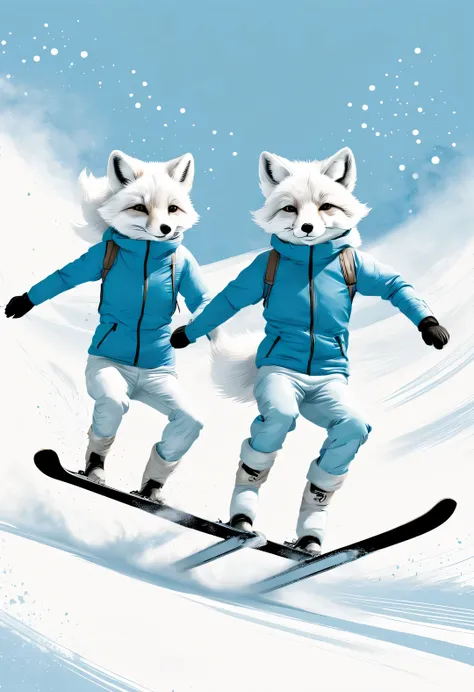 Light blue and white arctic fox couple ski jumping, comics, snowflake, Reproduced in the style of Jörn Klassen and Sam Toft, Modern sketches and dynamic line drawings, Has a brown texture, Modern sketches and dynamic line drawings, with blue texture