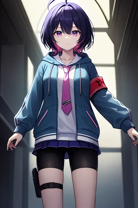 1girl, perfect face, seele vollerei, hdr, ahoge, medium_hair, purple_hair, colored inner pink_hair, purple_eyes, medium_breast, open_collar, white shirt, long shirt, collarbone, pink necktie, long tie, blue hooded_jacket, blue hooded sweater_jacket, oversi...