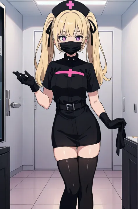 black nurse, 1 girl, alone, black nurse cap, Blackware, ((black legwear, zettai ryouiki)), black elbow gloves, twin tails, yellow hair, purple eyes, ((black surgical mask, covered nose)), Are standing, ((operating room)), sharp outline, short sleeve, highe...