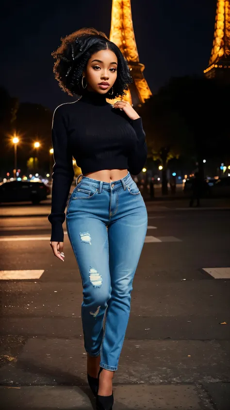 Foto hiperrealista en primer plano de Cardi B, masterpiece, best quality, (photorealistic:1.4), full body, (sweater and high-waist jeans:1.1), black curly hairstyle, posing close to the Eiffel Tower, neons, cinematic light, beautiful woman, skinny, large b...